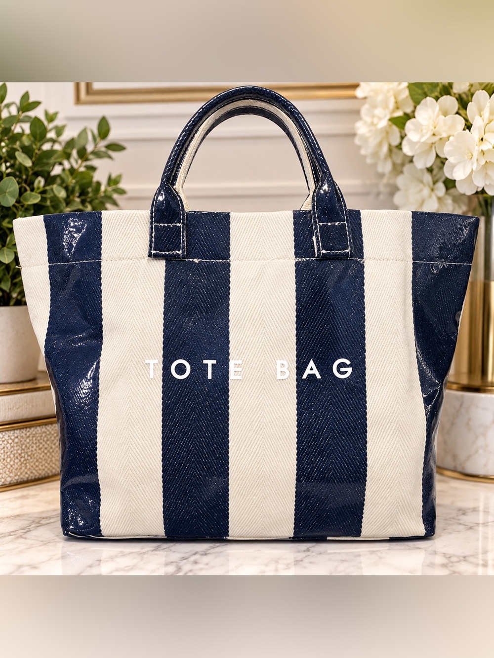 NWOT Navy & Cream Striped Tote Bag Large Shoulder Bag Textured Glossy Accent